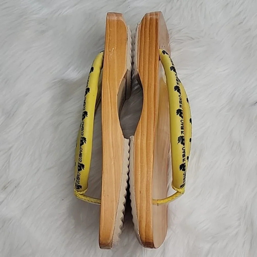 ZUBAO Geisha Japanese Style Wood Open Toe Slip On Yellow Thong Flip Flop Sandals